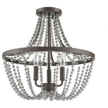 3 Light Semi-flush Fixture with Wooden Distressed Grey beads in Bronze