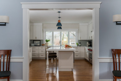 Transitional kitchen photo in New York with an island