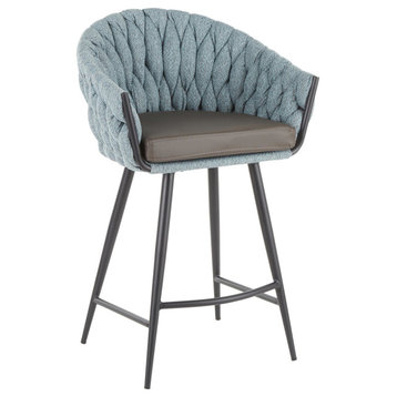Braided Matisse Counter Stool, Black Metal With Gray Faux Leather/Blue Fabric