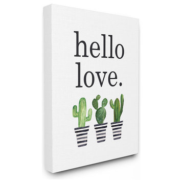 Hello Love Typography with Watercolor Cacti and Striped Pots Canvas, 24"x30"