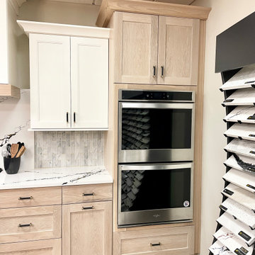 Wynnbrooke White Oak Sand and Linen White Kitchen With Gold Accents