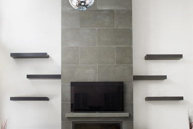 Living room - large modern open concept medium tone wood floor and brown floor living room idea in San Diego with white walls, a ribbon fireplace, a tile fireplace and a wall-mounted tv