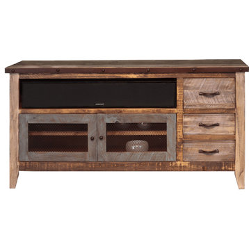 61" Brown Solid Wood Cabinet Enclosed Storage Distressed TV Stand