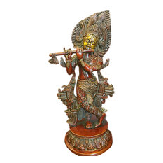 Mogulinterior - Hindu Idol Krishna Brass Statue Figurine Red Patina Sculpture 13 Inch - Decorative Objects And Figurines