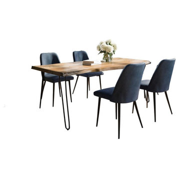 Five Piece Solid Acacia Dining Set with Upholstered Mid-Century Modern Chairs