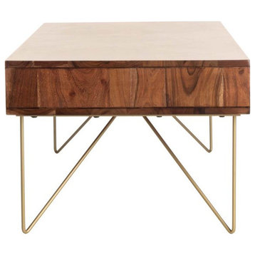 Coffee Table, Hairpin Legs & Drawer With 3D Geometric Accent, Cherry/Black