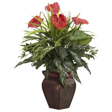 Mixed Greens and Anthurium With Decorative Vase Silk Plant