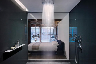 Inspiration for a large contemporary master black and white tile and stone tile ceramic tile bathroom remodel in Seattle with gray walls