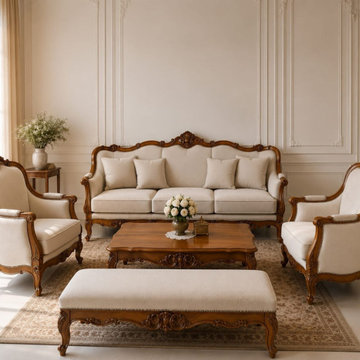 Handcrafted Solid Teak Wood Sofa Set | French Rococo living room furniture