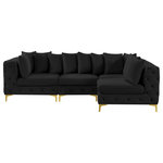 Meridian Furniture - Tremblay Modular Sectional, Black, L-Shaped, 4-Piece: Armless (2), Corner (2) - Lean back and relax on this Tremblay sectional. Featuring soft black velvet upholstery with deep button tufting, this sectional adds a bold touch to any living space. A complete set of gold and chrome legs are included, so you can change it up to suit your home decor. This sectional is modular, so you can create infinite configurations with it, which are easily attached using the latch underneath the frame. Its contemporary design is perfect for the modern home.