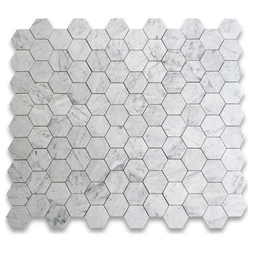 4" Hexagon Carrara Venato Carrera Italian Marble Mosaic Tile Polished, 1 sheet