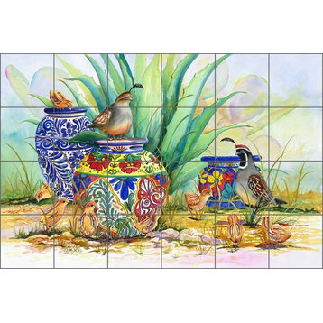 Ceramic Tile Mural Backsplash, Quail and Pots by Susan Libby, 36"x24"