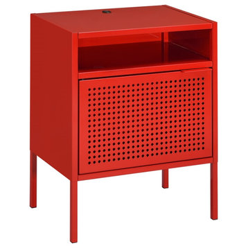 Bowery Hill Open Metal Shelf Nightstand with USB Port in Red