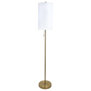 62" Plated Gold Metal Stick Floor Lamp With White Fabric Drum Shade