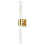 Hudson Valley Lighting - Hogan 2-Light Wall Sconce Aged Brass - Hogan marries a straightforward shape with sophisticated details. The cast-metal center holder and square backplate are pitted, adding textural interest to the minimalist design. Abundant light pours through the clear glass shade making this sconce a clear choice for areas that could use some brightening up. Mount the two light sconce horizontally or vertically, depending on the space. Available in black nickel or aged brass.