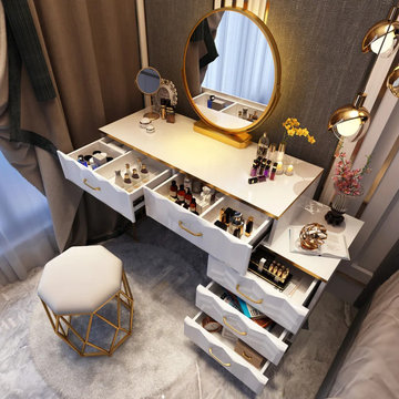 Modern White Makeup Vanity Expandable Dressing Table with Cabinet Mirror Include