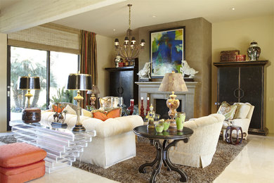 Large formal open concept living room in Los Angeles with a standard fireplace and a stone fireplace surround.