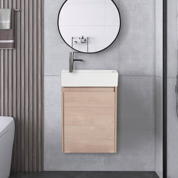 16" Float Mounting Bathroom Vanity With Single Sink, Light Oak