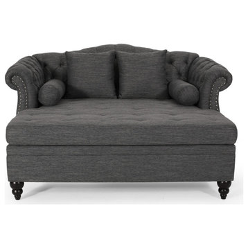 Horeb Contemporary Tufted Double Chaise Lounge with Accent Pillows, Charcoal + Dark Brown