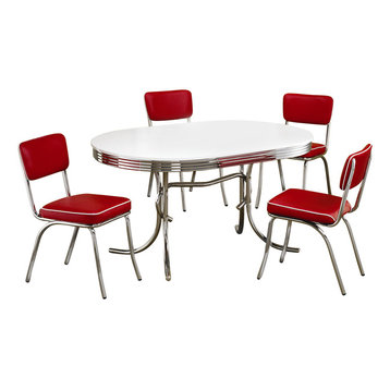 Retro 1950's Oval Dining Table and Red Chair 5-Piece Set