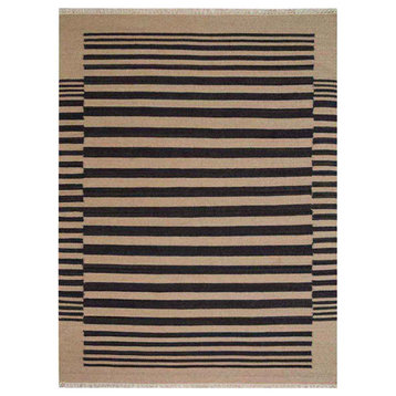 Hand Woven Flat Weave Kilim Wool Area Rug Contemporary Cream Charcoal, [Rectangle] 4'x6'