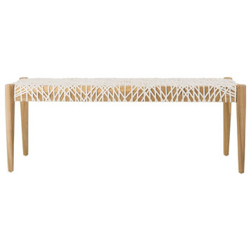 Amie Leather Weave Bench, Off White/Natural