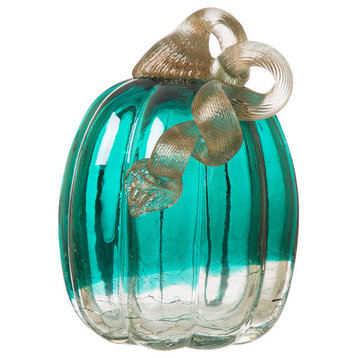 Handblown Turquoise Crackle Oblate Glass Pumpkin