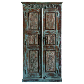 Consigned Antique Blue Armoire, Rustic Carved Tall Teak Wood Cabinet 84x44