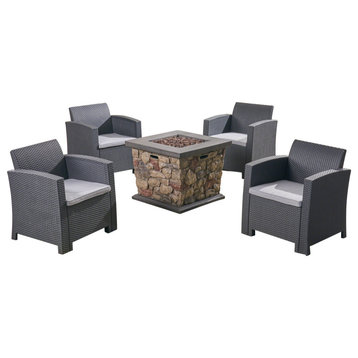 GDF Studio Maggie Outdoor Wicker Print 4 Chat Set with Fire Pit, Charcoal and Li