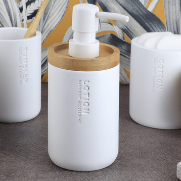 Pure Matte White Soap Dispenser With Natural Bamboo Top Polyresin Liquid Pump