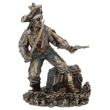 Pirate Captain With Cutlass and Pistol Guarding Treasure Chest Statue Sculpture