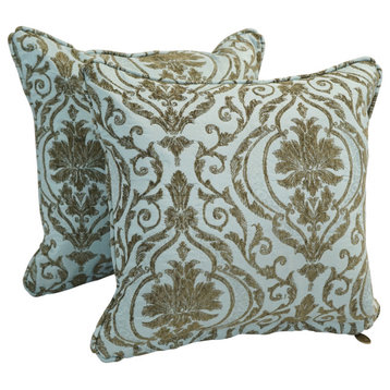 18" Double-Corded Jacquard Chenille Square Throw Pillows, Set of 2, Blue Damask