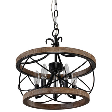 5-Light Rustic Distressed Wood Caged Chandelier Farmhouse Pendant Light, White, 19.7"