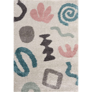 Kids Collection -Grey Pink Blue Abstract Shapes Rug, 3'11" x 5'7"