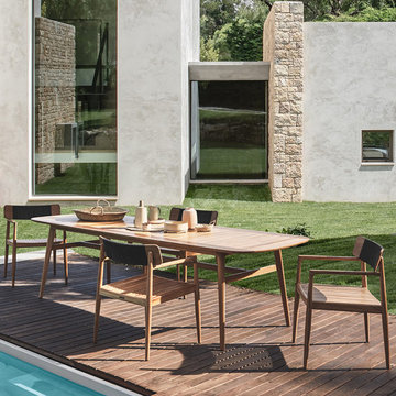 7 Pieces Modern Outdoor Dining Set with Wood Table and Chair in Natural