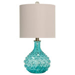 StyleCraft Home Collection - Clear Pebbled Table Lamp, Blue Finish, Off-White Hardback Fabric Shade - With its singular appearance and blue and white colors, this table lamp can accentuate a bedroom, office, hallway, living room, or dining room. The intriguing bubbled texture of the glass frame is enhanced by the bright blue finish. The glass finial at the top is clear, and the hardback fabric shade is a soft off-white color.