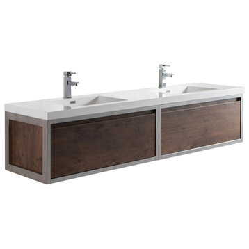 Lake 84" Wall Mounted Modern Vanity With Chrome Stainless Steel Frame, Rose Wood