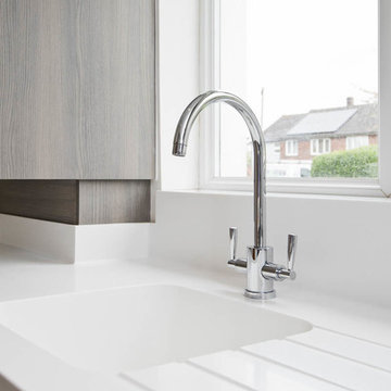 Contemporary White Kitchen with Lilac Splashback