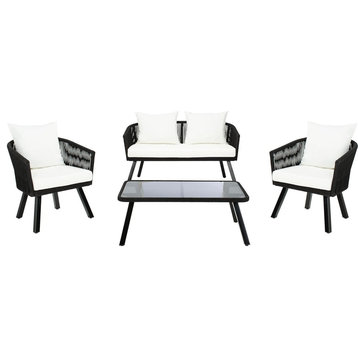 4 Pieces Patio Conversational Set, Glass Coffee Table & Chairs, Black/Beige