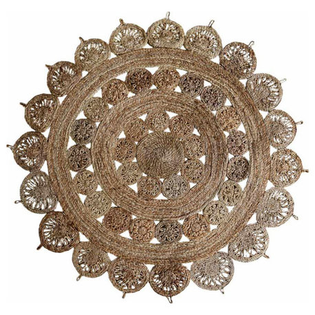 HAND WOVEN JUTE ECO-FRIENDLY AREA RUGS - Round, Beige, Oriental Pattern