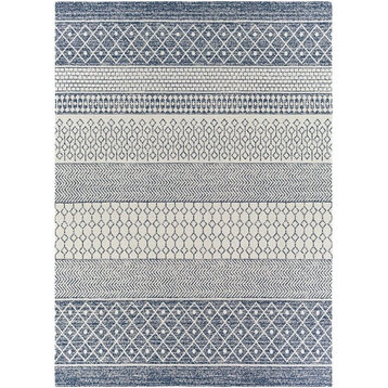 Bohemian Area Rug, Soft Cotton With Geometric Pattern, White/Blue, 7'7" X 10'2"