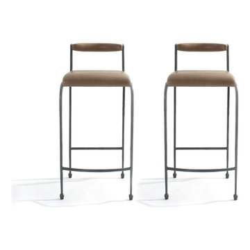 PAIR OF JOHN LYLE FORGED IRON BASE BARSTOOLS