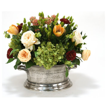 Mixed Floral of Roses, Hydrangea and Tulips in Pewter Newport Planter