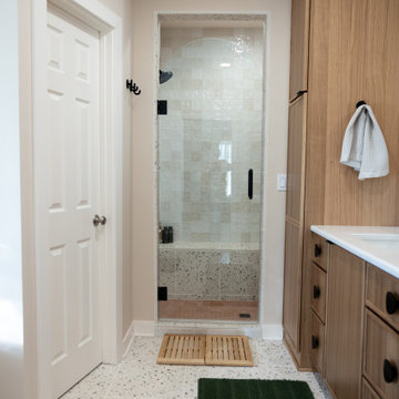 Primary & Guest Bathroom Remodel with Improved Layout and Heated Terrazzo Floors
