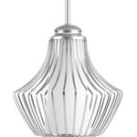 Progress Lighting - 1-Light Pendant Metallic Silver Finish With Etched White Shade - The one-light pendant from the Finn collection takes a new perspective on an open cage design. The beautifully graphic frame in a Metallic Silver finish wraps around an etched white glass shade creating a focal aperture for a single bulb.