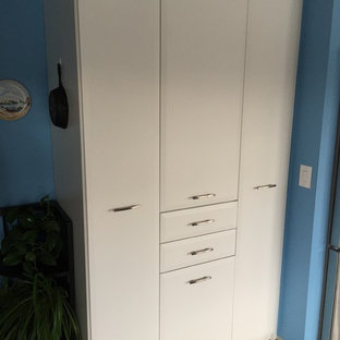 Mid-sized traditional kitchen pantry designs - Kitchen pantry - mid-sized traditional single-wall kitchen pantry idea in Manchester with flat-panel cabinets and white cabinets