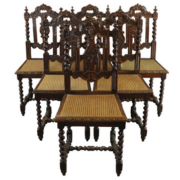 Consigned Antique Dining Chairs Set 6 French Hunting Renaissance Carved Oak