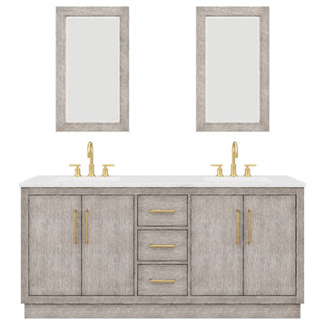 72 Double Sink White Marble Vanity, Gray Oak With Gooseneck Faucets and Mirrors