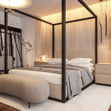 Oeiras bedroom render with canopy bed and marble wall