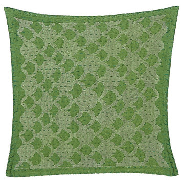 Artisan Hand Loomed Cotton Square Pillow, Green Ginkgo Design, 24"